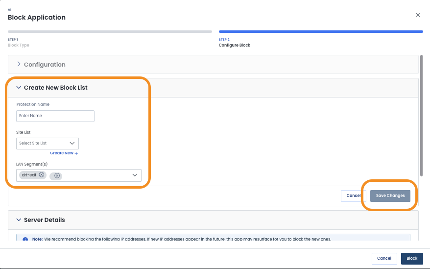 Configuration screen for creating a new block list with input fields and save button.